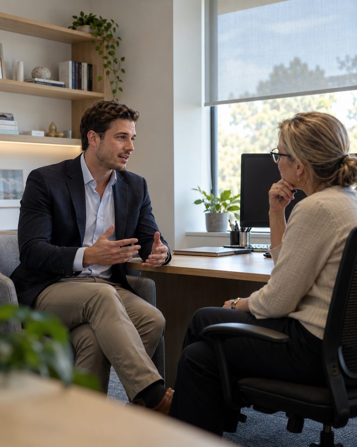 An IMAR liaison seated in a GP's consulting room, mid-conversation with the doctor across her desk