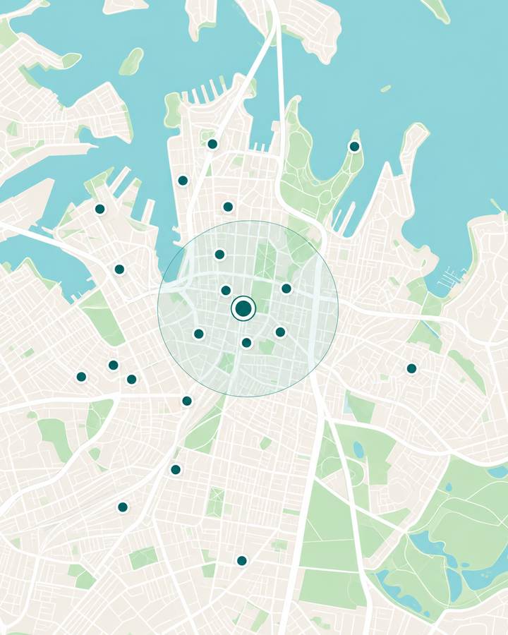 A street map of a single inner-city catchment, with GP practice locations marked and a highlighted radius around the specialist's rooms
