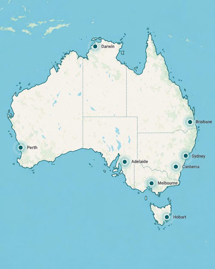 A map of Australia with representative locations marked in every capital city