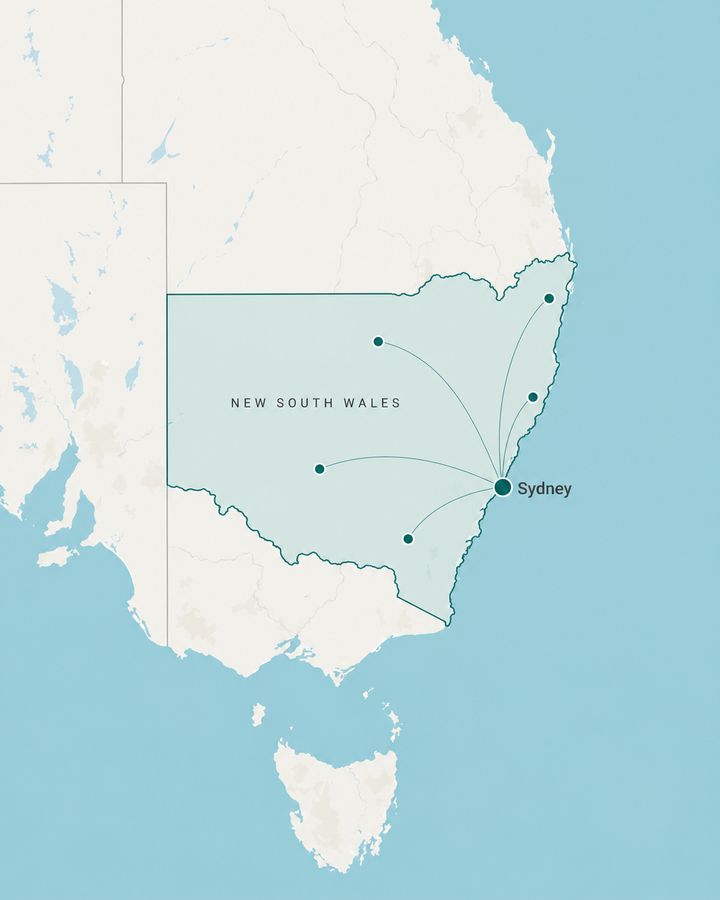A map of New South Wales with Sydney and regional territory centres marked and connected